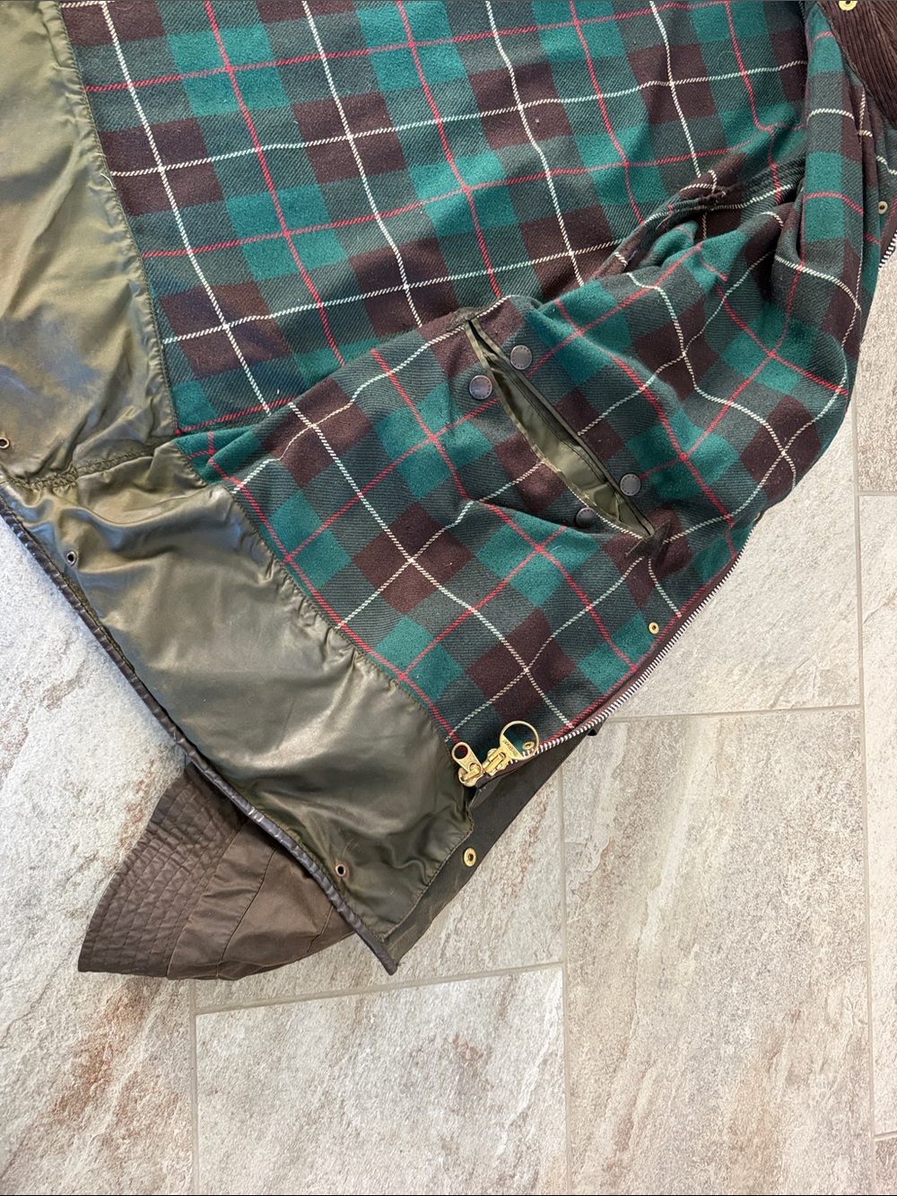 Barbour Dark Olive Waxed Cotton Field Jacket with Brown Cord Collar and Hat - Picture 9 of 16